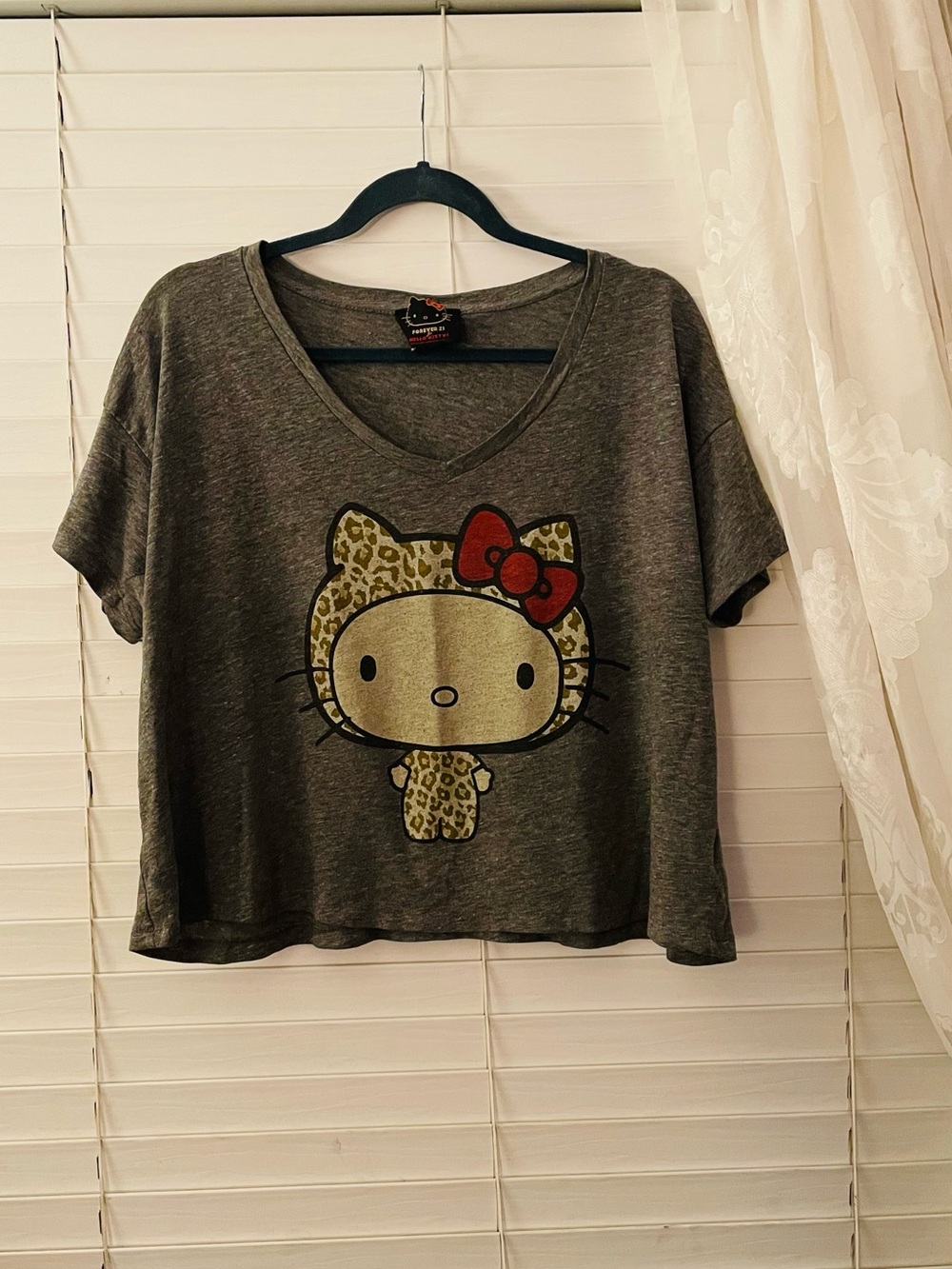 Forever 21 Gray Hello Kitty Leopard Graphic Tee with Red Bow